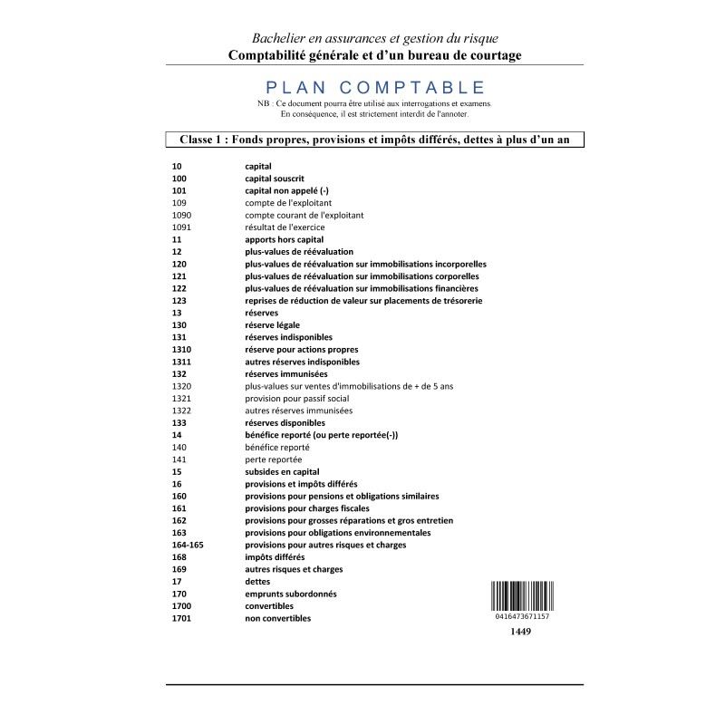 1449 Comptabilité2 PCMN BAC1 Assurances 2025-26